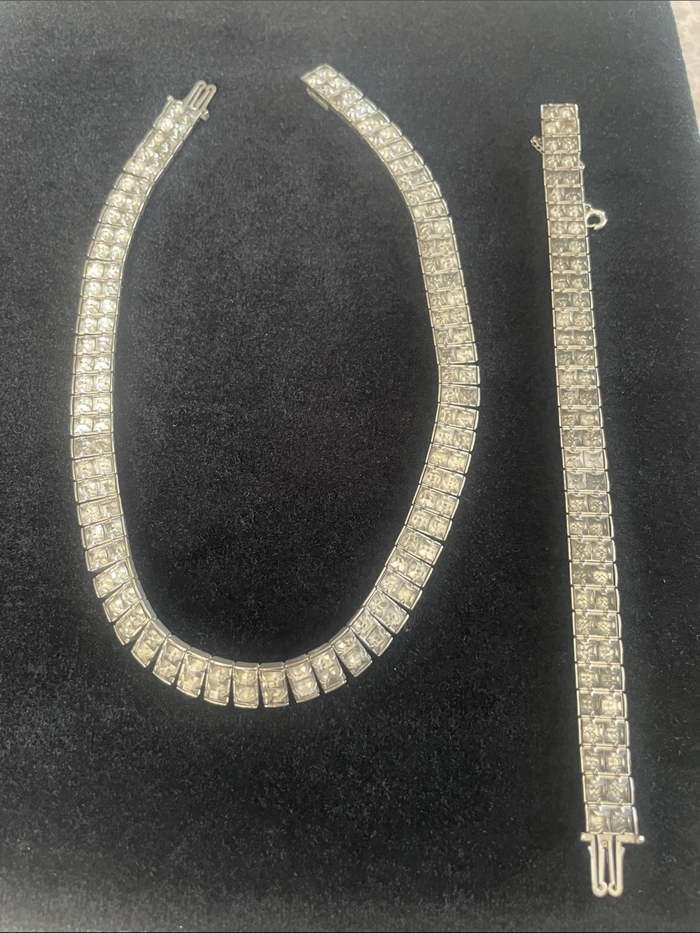 VINTAGE Baguette silver tone rhinestone choker necklace and Bracelet set! 15”
